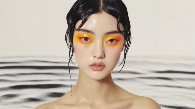 Stylish fashion portrait in the water, a young beautiful Asian model in bright glam makeup with yellow eye shadows, a portrait in an endless expanse of water