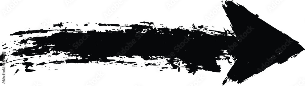Poster Black arrow painted with splashes isolated on white background. Black arrow marker isolated with a hand-drawn effect on a white background. 
