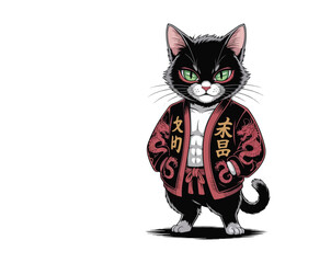 Vintage anime-style yakuza cat in streetwear with katana and bold typography. Cool vector t-shirt design, perfect for anime lovers and street fashion fans.