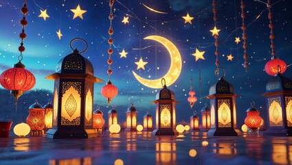 Glowing Eid Lanterns and Crescent Moon Elements &ndash; Transparent PNG for Use in Ramadan Event Banners, Religious Invitations, and Decor Designs