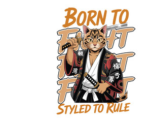Vintage anime-style yakuza cat in streetwear with katana and bold typography. Cool vector t-shirt design, perfect for anime lovers and street fashion fans.