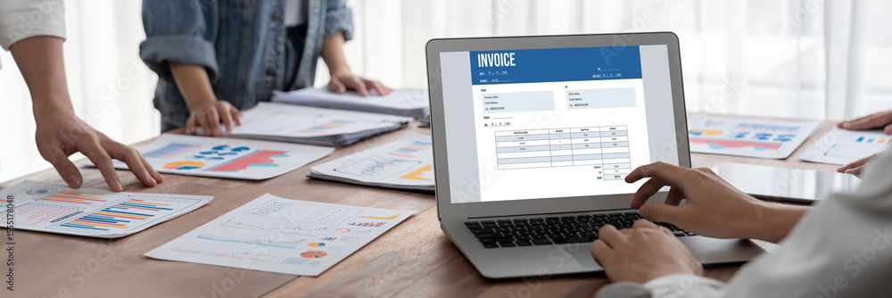 Poster Invoice on computer screen from accounting application. Computer program for financial and budget of corporate business. brisk.