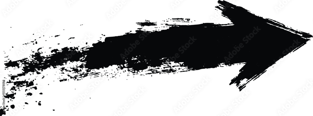 Poster Black arrow painted with splashes isolated on white background. Black arrow marker isolated with a hand-drawn effect on a white background. 