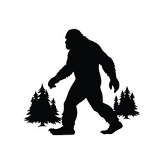 Silhouette of Bigfoot walking through the forest amongst the pine trees