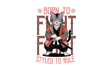 Vintage anime-style yakuza cat in streetwear with katana and bold typography. Cool vector t-shirt design, perfect for anime lovers and street fashion fans.