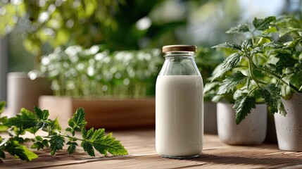 Close-up view of a glass bottle of milk next to ripe tomatoes and thriving tomato plants in natural light during a sunny day