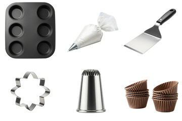 Set of muffin tin, piping bag, offset spatula, cookie cutter, pastry tip, and paper muffin cups, isolated on transparent background