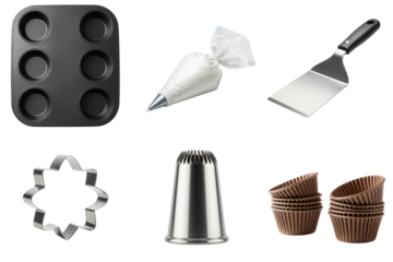 Set of muffin tin, piping bag, offset spatula, cookie cutter, pastry tip, and paper muffin cups, isolated on transparent background