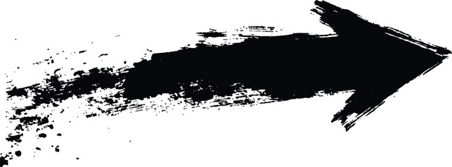 Black arrow painted with splashes isolated on white background. Black arrow marker isolated with a hand-drawn effect on a white background. 