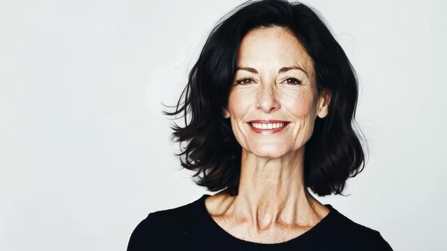 A beautiful and confident 50-60-year-old woman smiles on a white background, a calm and minimalist portrait