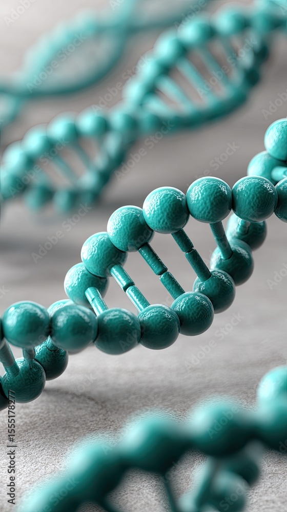 Poster close-up view of a turquoise dna model highlighting the double helix structure with a blurred backgr