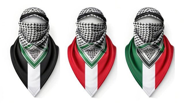 Three keffiyeh balaclavas with palestinian flag colors isolated on white