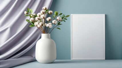 Cotton flowers in a vase with a blank frame on a blue table