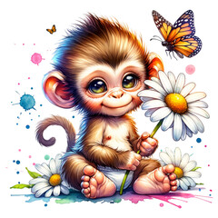 Monkey with Flower: A delightful illustration of a charming monkey, sits amidst vibrant daisies and butterflies, exuding innocence, warmth, and the pure joy of nature. 