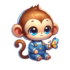 Adorable Cartoon Monkey with Butterfly: A charming cartoon monkey sits contentedly, holding a delicate butterfly in its tiny hand, bringing a smile to anyone's face.