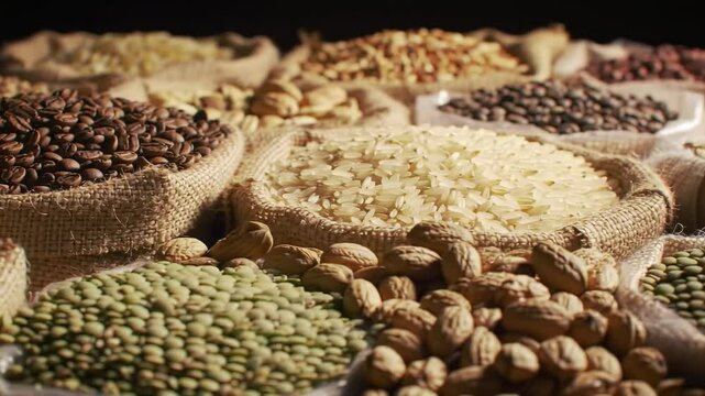 Assorted grains and nuts in burlap sacks close up display of foodstuffs overhead view