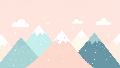 A serene mountain landscape featuring pastel-colored peaks and fluffy clouds against a soft pink sky.
