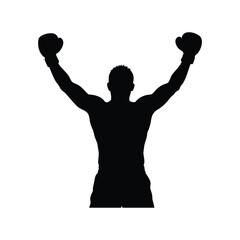 Silhouette of a victorious boxer raising his arms in triumph after winning
