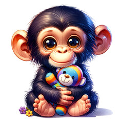 Cute Chimpanzee with Plush Toy: A charming chimpanzee with big, expressive eyes tenderly cradles a colorful plush toy, creating a heartwarming scene of cuddly companionship.