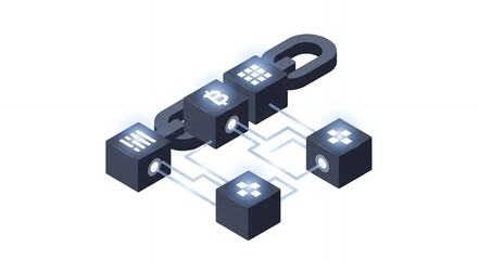 Isometric illustration of blockchain technology concept with interconnected data blocks