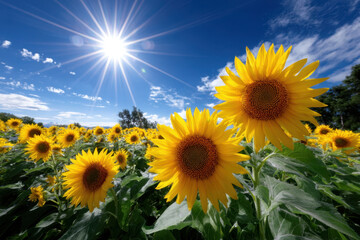 Fototapeta premium Sunflowers in a vibrant field under a bright blue sky on a sunny day