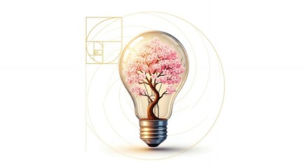 Lightbulb with Blooming Tree Golden Ratio Design Spring Concept