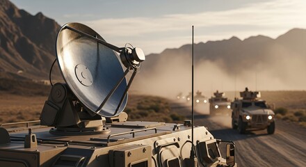 Military Vehicle with Satellite Dish Antenna in Desert Landscape