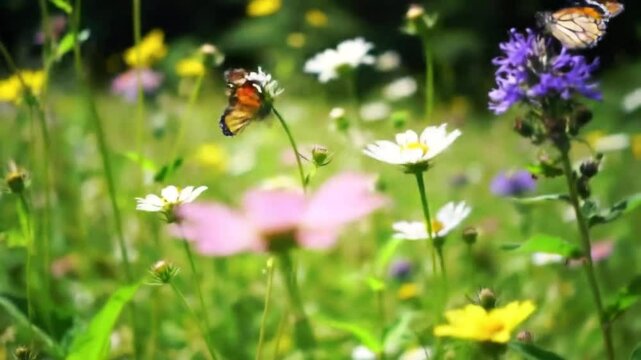 Butterflies flitting among wildflowers