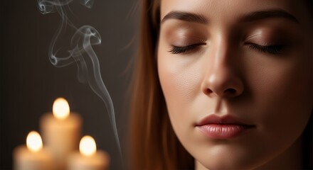 Closeup of womans face with eyes closed candles and incense smoke in background