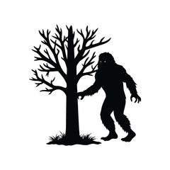 Monochromatic silhouette of Bigfoot cryptid near a bare winter tree illustration