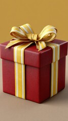 Obraz premium A vibrant red gift box adorned with a yellow ribbon floats against a solid color background, perfect for festive occasions