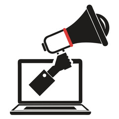 silhouette Hand holding megaphone out of laptop screen on white background