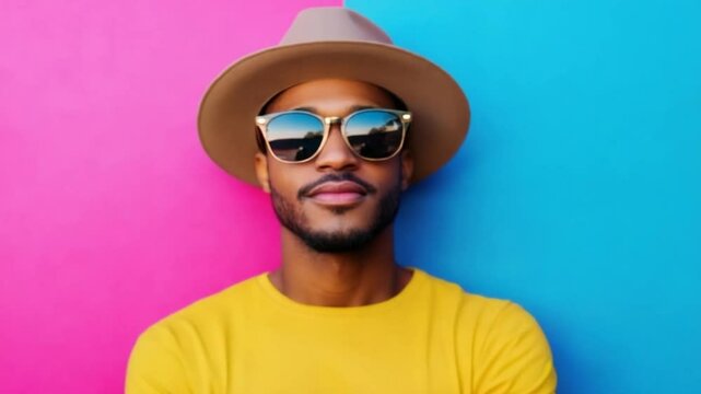 Stylish man in a yellow shirt, brown hat, and sunglasses against a pink and blue background
