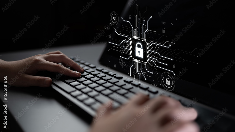 Poster cyber security system protecting digital infrastructure. cyber security ensures data safety, prevent