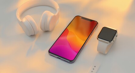 Wireless Headphones Smartphone and Smartwatch Mockup on White Background