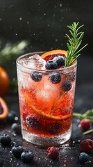 Citrus and Berry Infused Mocktail with Ice Crystals.
