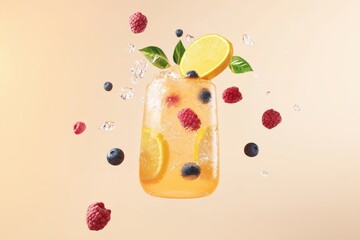 Citrus and Berry Infused Mocktail with Ice Crystals.