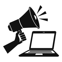 silhouette Hand holding megaphone out of laptop screen on white background
