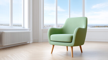 Mid-Century Modern Armchair – Light Green Upholstered Accent Chair. Scandinavian-Style Lounge Chair – Wooden Legs & Soft Fabric