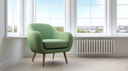 Mid-Century Modern Armchair – Light Green Upholstered Accent Chair. Scandinavian-Style Lounge Chair – Wooden Legs & Soft Fabric