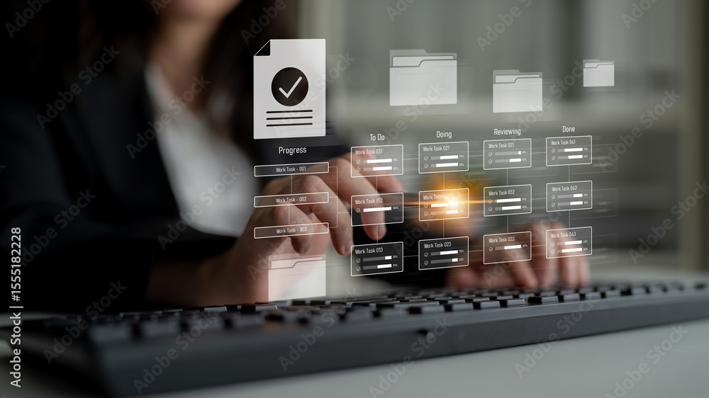 Poster task management workflow dashboard visualizing to-do lists, ongoing tasks, review status, and comple