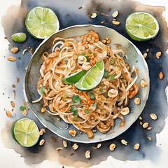 Minimal Color Palette Watercolor Painting of Pad Thai