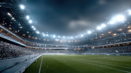 Snowflakes fall gently as enthusiastic fans fill the football stadium under bright lights, creating a lively and festive atmosphere