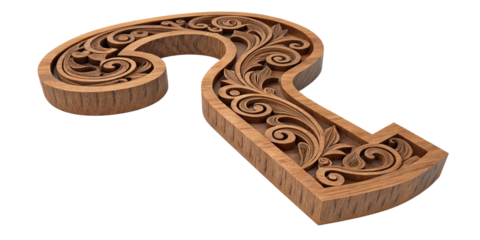 3D Wooden Question Mark, Floral Carving, Isolated on Transparent Background, Intricate Design, Question Mark, Wood Carving, Floral
