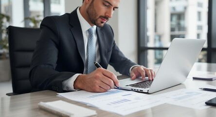 Businessman reviewing financial data on laptop