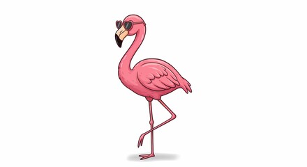 Obraz premium Cartoon Flamingo Wearing Sunglasses Standing on One Leg in White Background