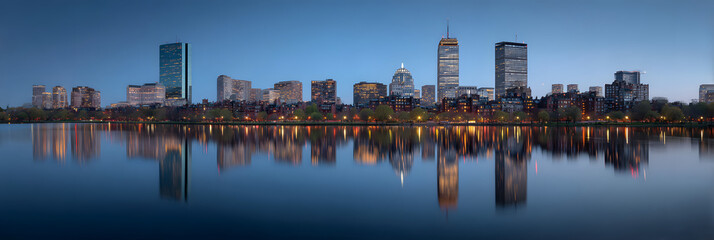 Boston skyline mirrored in tranquil waters at dusk, creating a stunning, symmetrical view-