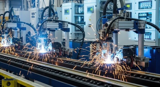 Automated welding robots in industrial factory with sparks flying - Powered by Adobe