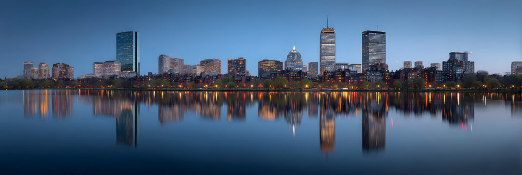 Boston skyline mirrored in tranquil waters at dusk, creating a stunning, symmetrical view- - Powered by Adobe