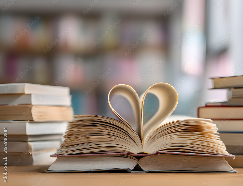 Poster love story book with open page of literature in heart shape and stack piles of textbooks on reading 